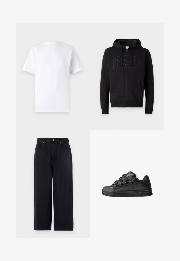 Schwarze Zip-Hoodie aus Baumwollmix. Verfügt über eine Kängurutasche, eine Kapuze mit Zugband und ein großes GAP-Logo auf der Vorderseite in Dunkelgrau.; Weißes kurzärmeliges T-Shirt aus Baumwolle mit Rundhalsausschnitt, das eine glatte Textur und ein einfaches Design ohne Muster oder Akzente aufweist.; Schwarze Denim-Hosen mit geradem Bein, ausgestattet mit fünf Taschen, einem Knopfverschluss und einem schlichten Finish. Strapazierfähiger Stoff mit matter Textur.; Schwarze Sneakers mit einem glatten Leder-Obermaterial, strukturierten Akzenten und runden schwarz-weißen Schnürsenkeln. Dicke Gummisohle mit einem gemusterten Profil.