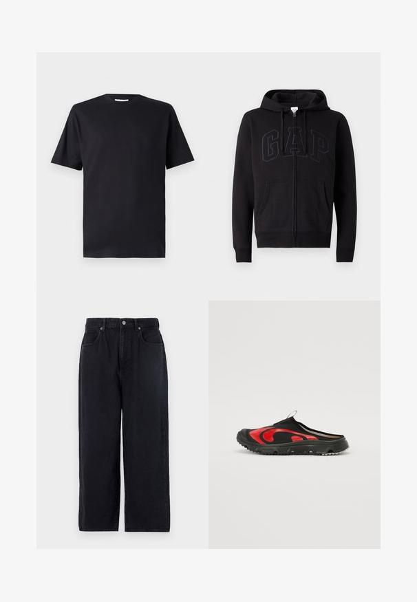 Schwarze Zip-Hoodie aus Baumwollmix. Verfügt über eine Kängurutasche, eine Kapuze mit Zugband und ein großes GAP-Logo auf der Vorderseite in Dunkelgrau.; Schwarzes kurzärmliges T-Shirt aus Baumwolle mit einem Rundhalsausschnitt und klassischem Schnitt, ohne Muster oder sichtbare Markenlogo.; Schwarze Denim-Hosen mit geradem Bein, ausgestattet mit fünf Taschen, einem Knopfverschluss und einem schlichten Finish. Strapazierfähiger Stoff mit matter Textur.; Schwarzer Slipper mit einem markanten roten, geschwungenen Muster, strukturiertem Obermaterial und einer dicken, rutschfesten Gummisohle mit Traction.