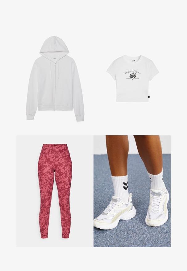 Balta užtrauktukų gobtuvė su kapšais, pagaminta iš medvilnės, su gobtuvu, priekinėmis kišenėmis ir įsiūtomis rankogaliais. Minkšta tekstūra su paprastu, švariu dizainu.; Baltas trumpas medvilninis marškinėliai su juodu grafiniu spaudiniu, kuriame parašyta "House of Puma" ir frazė "BASS, BEATS AND RHYTHM."; Raudoni legginsai su prigludusia forma, aukštu liemeniu ir viso paviršiaus lapų raštu tamsesnės raudonos spalvos. Pagaminti iš tamprus, tekstūruotas audinys.; Baltos sportbačiai su sidabro akcentais, tinklelio medžiaga ir masyvūs dizainai. Suderinti su baltais kojiniais, turinčiais juodus zigzago raštus.