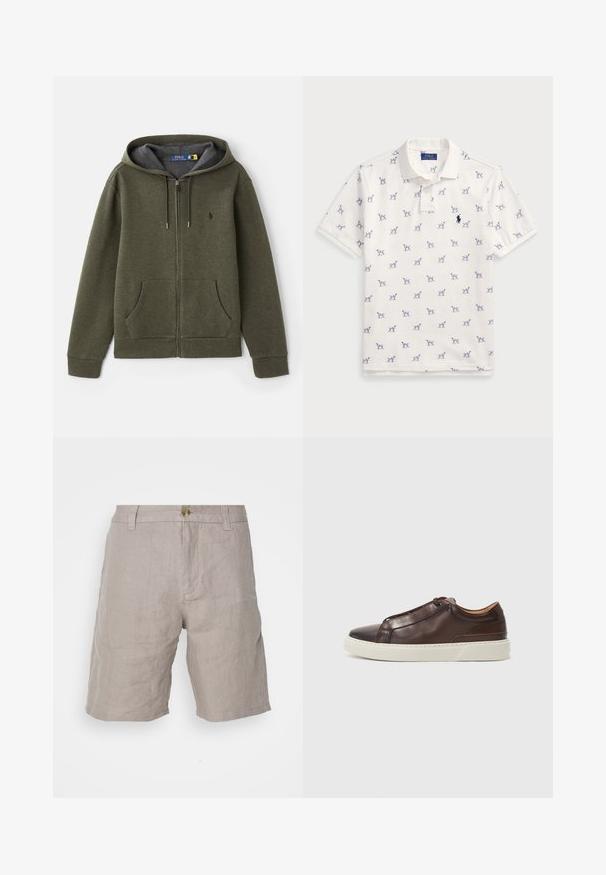 Hanorac verde cu fermoar, cu buzunar tip cangur, glugă cu șnur și căptușeală gri. Prezintă un mic logo pe piept. Material moale, texturat.; Tricou polo alb din bumbac, cu un model repetat de câini albaștri și un mic logo albastru pe piept. Mâneci scurte și guler.; Shorts bej din in cu o croială lejeră, dotate cu închidere cu buton, bucle pentru curea și o textură netedă. Fără modele sau accente vizibile.; Sneaker din piele maro cu vârf rotund, talpă din cauciuc alb contrastant, detalii cusute și fără șireturi vizibile. Textură netedă în general.