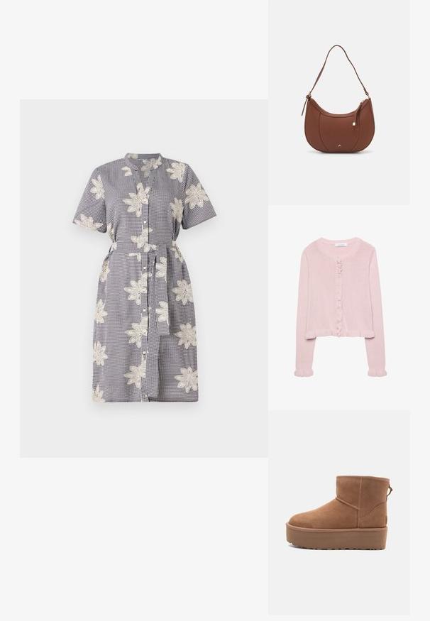Helle rosa gestrickte Strickjacke mit rundem Halsausschnitt, Knopfverschluss und Rüschensaum an den Ärmeln und dem Saum. Weiche Textur, cropped Passform.; Kurzes Kleid mit Kurzarm im navy- und weißen Karo-Muster, mit bestickten weißen Blumenmotiven, Knopfleiste und einem gebundenen Taillenband.; Beige Wildleder-Ankle-Boot mit Plateausohle, abgerundetem Zehenbereich und abgesteppten Akzenten; verfügt über eine Zuglasche hinten für einfaches An- und Ausziehen.; Braune Kunstleder-Schultertasche mit geschwungener Form, minimaler Naht und goldfarbener Hardware-Akzent. Verfügt über einen oberen Reißverschluss und einen verstellbaren Trageriemen.