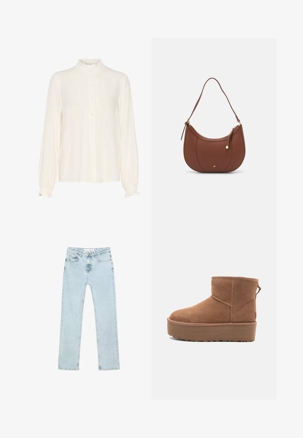 Cardigan lavorato a maglia rosa chiaro con scollatura rotonda, chiusura a bottoni e rifiniture arricciate sui polsini e sull'orlo. Tessuto morbido, vestibilità corta.; Blusa bianca in tessuto morbido, con colletto alto arricciato, chiusura frontale con bottoni e maniche lunghe con polsini arricciati.; Jeans dritti di colore blu chiaro realizzati in denim. Presentano tasche frontali, zip e bottone, e cuciture visibili lungo le cuciture.; Stivale alla caviglia in suede beige con suola platform, punta rotonda e dettagli di cucitura; presenta un inserto sul retro per una facile calzata.; Borsa a spalla in finta pelle marrone con forma curvata, cuciture minime e un accento in metallo dorato. Presenta una chiusura con zip superiore e una tracolla regolabile.