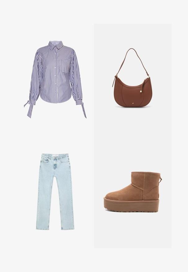 Svetlo roza pleteni kardigan z okroglo ovratnikom, sprednjim gumbom in nabranimi robovi na manšeti in spodu. Mehka tekstura, skrajšan kroj.; Modra in bela črtasta srajca z gumbom, s ovratnikom, dolgimi napihnjenimi rokavi in žepom na prsih. Tkanina ima gladko teksturo.; Svijetloplave ravne traperice napravljene od denima. Imaju prednje džepove, zatvaranje na zip s dugmetom i vidljivo šivanje duž šavova.; Bela antilopova gležnjača s platformom, okruglim vrhom i dekorativnim šavovima; ima uvučenu petlju straga za lakše oblačenje.; Rjava usnjena torbica z ramenskim ročajem, ukrivljene oblike, minimalnim šivom in zlato-tonirano kovinsko dekoracijo. Ima zgornje zapiranje na zadrgo in nastavljiv trak.