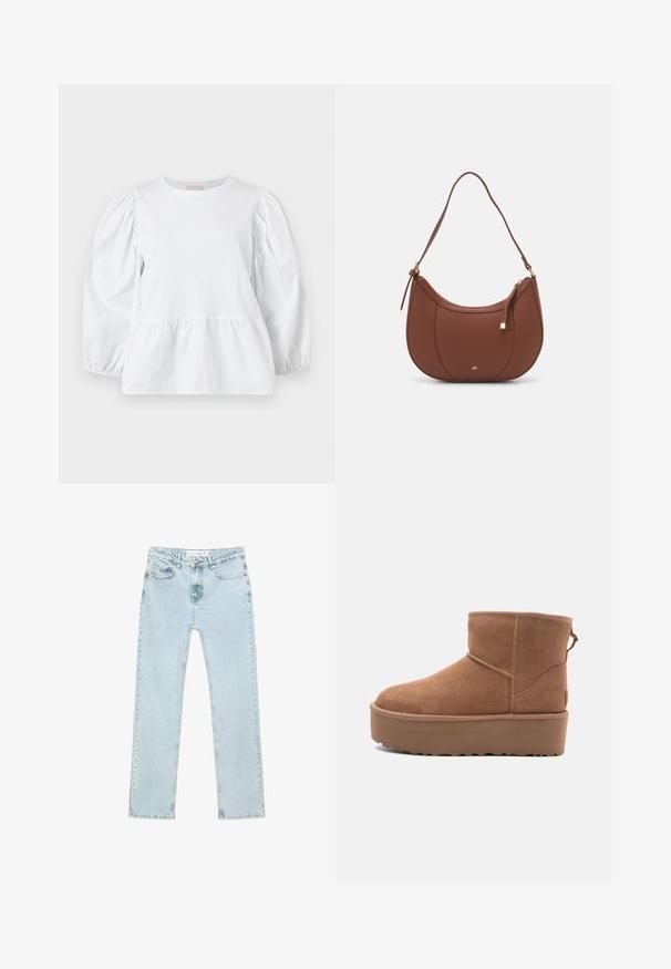 Vaaleanpunainen neulottu kardigan, jossa on pyöreä kaula-aukko, napit edessä ja röyhelöreunus hihoissa ja helmassa. Pehmeä rakenne, lyhyt malli.; Valkoinen paita, jossa on pyöreä pääntie, puffat pitkät hihat ja kerroksellinen röyhelöhelma. Valmistettu sileästä kankaasta, jossa ei ole näkyviä kuvioita tai varusteita.; Vaaleansiniset suorat farkut, jotka on valmistettu denimistä. Ominaisuuksiin kuuluvat etutaskut, vetoketjukiinnitys napilla sekä näkyvä ompelu saumoissa.; Tan suede nilonini kidogo chukua na sahani ya jukwaa, mguu wenye umbo la duara, na mapambo ya kushona; inajumuisha kipande cha kubana nyuma kwa kuvaa kwa urahisi.; Ruskea keinonahkainen olkalaukku, jossa on kaareva muoto, minimaalinen ompelu ja kultasävyinen varuste. Varustettu ylhäältä avautuvalla vetoketjullisella suljennalla ja säädettävällä hihnalla.