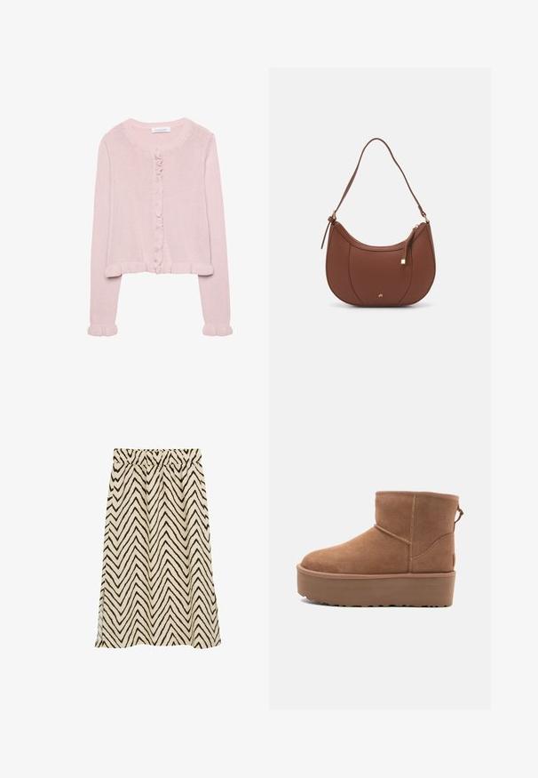 Cardigan en tricot rose clair avec un col rond, fermeture à boutons et des volants au niveau des poignets et de l'ourlet. Texture douce, coupe courte.; T-shirt blanc uni en coton avec un col rond, des manches courtes et une coupe décontractée. Texture lisse sans motifs ni accents.; Jupe à taille élastique en beige avec des rayures en zigzag marron foncé ; tissu léger avec une texture légèrement rugueuse ; fentes latérales pour plus de liberté de mouvement.; Bottine en suède tan avec une semelle plate-forme, un bout arrondi et des accents de couture ; elle est dotée d'une languette à l'arrière pour un enfilage facile.; Sac à épaule en faux cuir brun, de forme arrondie, avec des coutures minimales et un accent en matériel doré. Il possède une fermeture zippée sur le dessus et une sangle réglable.