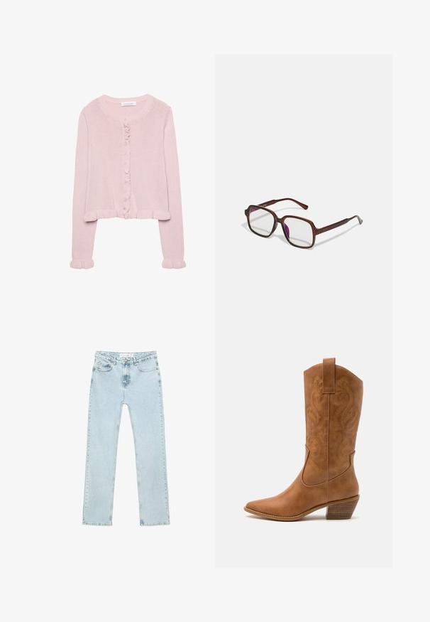 Helle rosa gestrickte Strickjacke mit rundem Halsausschnitt, Knopfverschluss und Rüschensaum an den Ärmeln und dem Saum. Weiche Textur, cropped Passform.; Ein schlichtes, weißes T-Shirt aus Baumwolle mit rundem Halsausschnitt, kurzen Ärmeln und lockerer Passform. Glatte Textur ohne Muster oder Akzente.; Hellblaue gerade geschnittene Jeans aus Denim. Mit vorderen Taschen, einem Reißverschluss mit Knopf und sichtbaren Nähten entlang der Säume.; Braune Leder-Cowboy-Stiefel mit spitzem Zehenbereich, bestickten Wirbelmustern am Schaft und einem gestapelten Blockabsatz. Verfügt über einen Ziehriemen für das einfache Anziehen.; Braune, rechteckige Brille mit transparenten Gläsern und lila Tönungen. Glatter Kunststoffrahmen mit geraden Bügeln und dezenten Akzenten.; Braune Kunstleder-Schultertasche mit geschwungener Form, minimaler Naht und goldfarbener Hardware-Akzent. Verfügt über einen oberen Reißverschluss und einen verstellbaren Trageriemen.