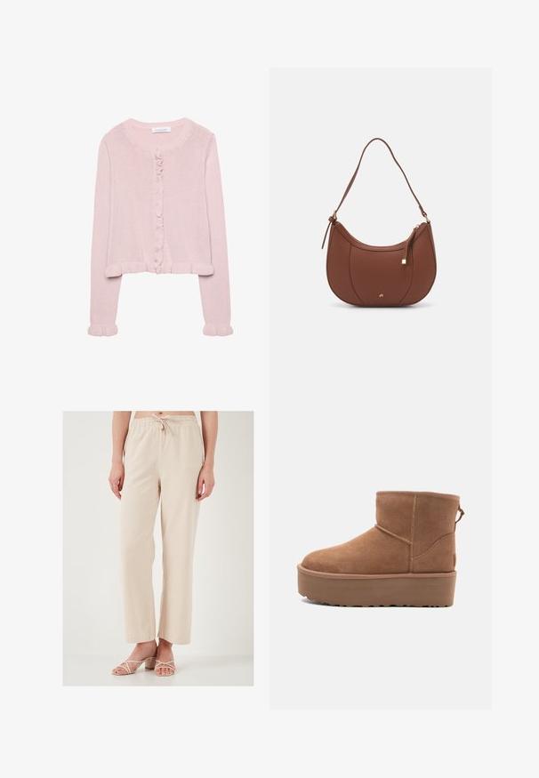 Light pink knitted cardigan with a round neckline, button front, and ruffled trim at the cuffs and hem. Soft texture, cropped fit.; Plain white t-shirt made of cotton with a round neckline, short sleeves, and a relaxed fit. Smooth texture with no patterns or accents.; Beige, relaxed-fit pants with an elastic waistband and drawstring. Smooth texture; wide-leg design. Paired with strappy light-colored sandals.; Tan suede ankle boot with a platform sole, rounded toe, and stitching accents; features a pull tab at the back for easy wear.; Brown faux leather shoulder bag with curved shape, minimal stitching, and a gold-tone hardware accent. Features a top zipper closure and adjustable strap.
