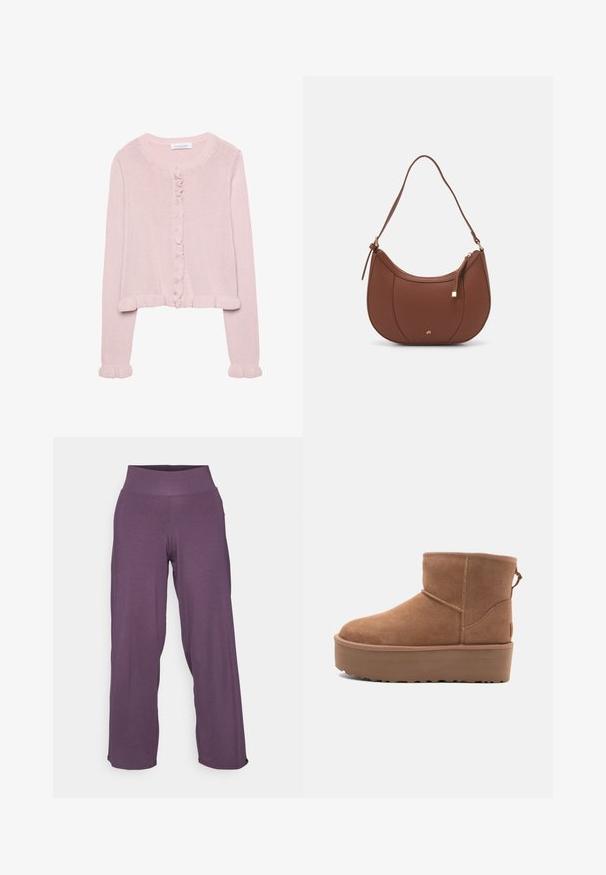 Helle rosa gestrickte Strickjacke mit rundem Halsausschnitt, Knopfverschluss und Rüschensaum an den Ärmeln und dem Saum. Weiche Textur, cropped Passform.; Ein schlichtes, weißes T-Shirt aus Baumwolle mit rundem Halsausschnitt, kurzen Ärmeln und lockerer Passform. Glatte Textur ohne Muster oder Akzente.; Yogasearcher RAVANA FLOWY PANTS - Jogginghose - topaze; Beige Wildleder-Ankle-Boot mit Plateausohle, abgerundetem Zehenbereich und abgesteppten Akzenten; verfügt über eine Zuglasche hinten für einfaches An- und Ausziehen.; Braune Kunstleder-Schultertasche mit geschwungener Form, minimaler Naht und goldfarbener Hardware-Akzent. Verfügt über einen oberen Reißverschluss und einen verstellbaren Trageriemen.
