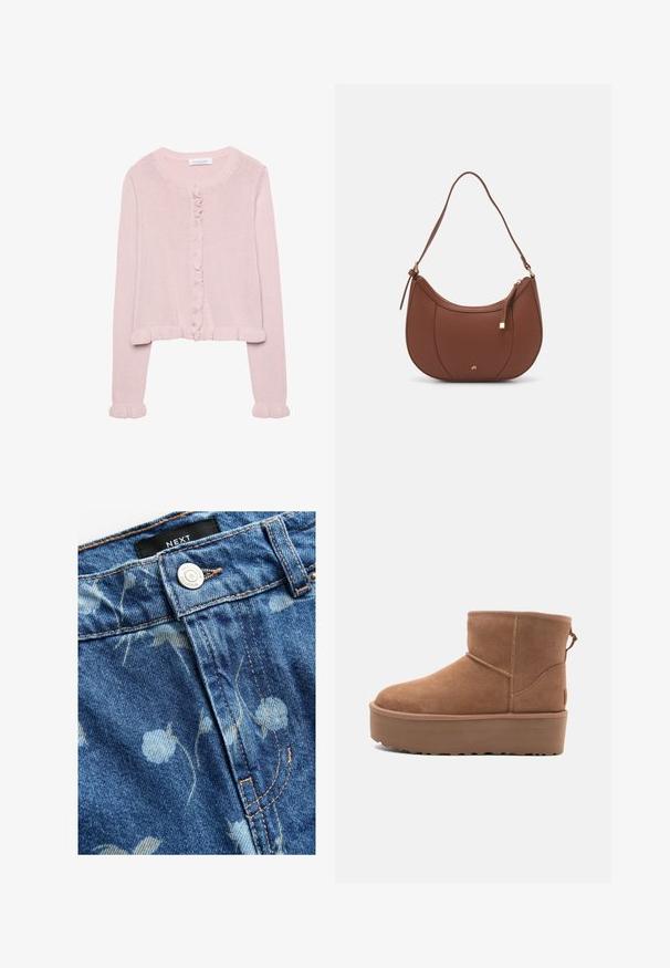 Svijetloružičasti pleteni kardigan s okruglim izrezom, prednjim gumbima i naboranim rubovima na manžetama i donjem dijelu. Mekana tekstura, skraćeni kroj.; Obična bijela majica od pamuka s okruglim izrezom, kratkim rukavima i ležernim krojem. Glatka tekstura bez uzoraka ili dodataka.; Denim tkanina u svijetloplavoj boji, s cvjetnim uzorkom. Uključuje zatvaranje na srebrni gumb i svijetlosmeđe šavove. Vidljiva oznaka marke.; Svijetlosmeđi antilop čizmice do članka s platformom, okruglim vrhom i ukrasnim šavovima; ima petnu traku za lakše obuvanje.; Smeđa torba od umjetne kože s zakrivljenim oblikom, minimalnim šavovima i zlatnim metalnim detaljima. Ima zatvaranje na gornjoj strani sa patentnim zatvaračem i podesivu naramenicu.