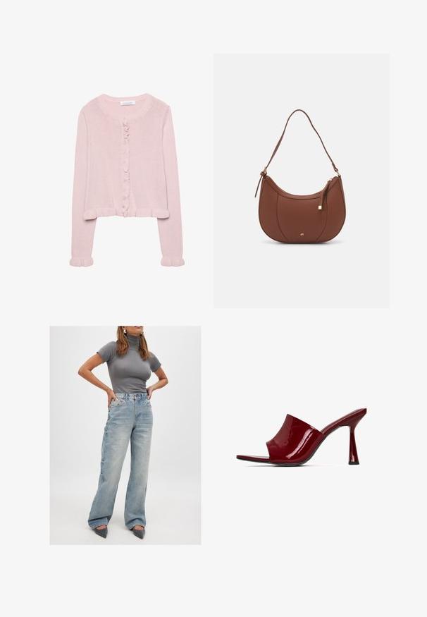 Vaaleanpunainen neulottu kardigan, jossa on pyöreä kaula-aukko, napit edessä ja röyhelöreunus hihoissa ja helmassa. Pehmeä rakenne, lyhyt malli.; Valkoinen t-paita, joka on valmistettu puuvillasta, pyöreällä pääntiellä, lyhyillä hihoilla ja rentona istuvuutena. Suora pinta ilman kuvioita tai koristeluita.; Nainen seisoo kädet lanteilla, päällään tiukan harmaan lyhythihaisen poolopaidan, vaaleansiniset leveälahkeiset farkut ja harmaat kärkitossut.; Punaiset kiiltävät nahkakengät avonaisella varpaalla, kaarevalla yläosalla ja kapealla korolla. Sujuva pinta, kiiltävä viimeistely ja minimalistinen muotoilu.; Ruskea keinonahkainen olkalaukku, jossa on kaareva muoto, minimaalinen ompelu ja kultasävyinen varuste. Varustettu ylhäältä avautuvalla vetoketjullisella suljennalla ja säädettävällä hihnalla.