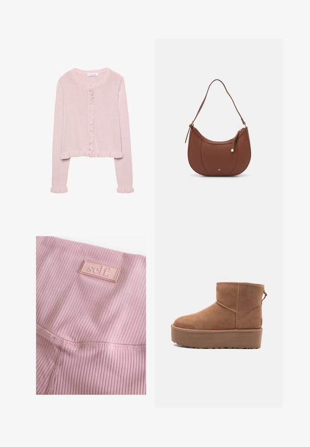 Lyserød strikket cardigan med rund hals, knaplukning foran og flæse detaljer ved ærmerne og kanten. Blød tekstur, kortere pasform.; En enkel hvid t-shirt lavet af bomuld med rund halsudskæring, korte ærmer og en afslappet pasform. Glat tekstur uden mønstre eller accentuer.; Lys pink ribbede leggings med en struktureret overflade og et rektangulært gummilogo-tag med ordet "self." broderet på.; Tan ruskinds ankelstøvle med platformssål, rund tå og syninger; har en løkke bagpå for nem påtagning.; Brun faux læder skuldertaske med buet form, minimal syning og en guldtonet hardwaredetalje. Har en top lynlåslukning og justerbar rem.