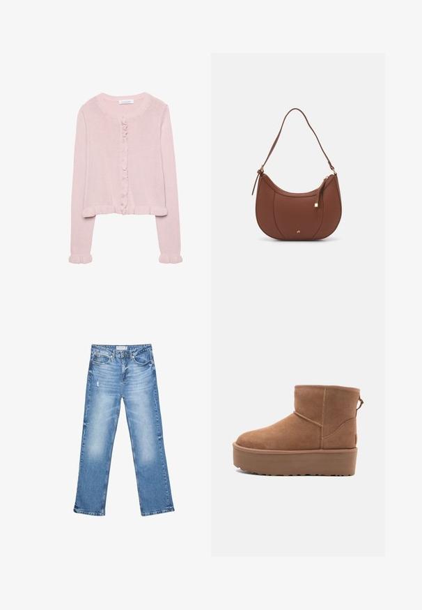 Svetlo roza pleteni kardigan z okroglo ovratnikom, sprednjim gumbom in nabranimi robovi na manšeti in spodu. Mehka tekstura, skrajšan kroj.; Navadna bela majica iz bombaža s krožnim izrezom, kratkimi rokavi in sproščenim krojem. Gladka tekstura brez vzorcev ali okrasov.; Svijetloplave traperice, ravnog kroja, s izblijedjelim dijelovima i suptilnim habanjem. Imaju pet džepova i klasično kopčanje na gumbe.; Bela antilopova gležnjača s platformom, okruglim vrhom i dekorativnim šavovima; ima uvučenu petlju straga za lakše oblačenje.; Rjava usnjena torbica z ramenskim ročajem, ukrivljene oblike, minimalnim šivom in zlato-tonirano kovinsko dekoracijo. Ima zgornje zapiranje na zadrgo in nastavljiv trak.