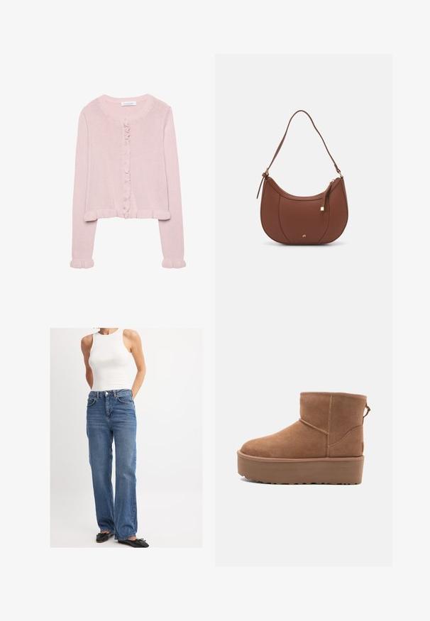 Svetlo roza pleteni kardigan z okroglo ovratnikom, sprednjim gumbom in nabranimi robovi na manšeti in spodu. Mehka tekstura, skrajšan kroj.; Navadna bela majica iz bombaža s krožnim izrezom, kratkimi rokavi in sproščenim krojem. Gladka tekstura brez vzorcev ali okrasov.; Modre hlače z visokim pasom in ravnim krojem, izdelane iz denima. Imajo sprednje žepke, zapiranje na gumbe in subtilno obrabo na kolenih.; Bela antilopova gležnjača s platformom, okruglim vrhom i dekorativnim šavovima; ima uvučenu petlju straga za lakše oblačenje.; Rjava usnjena torbica z ramenskim ročajem, ukrivljene oblike, minimalnim šivom in zlato-tonirano kovinsko dekoracijo. Ima zgornje zapiranje na zadrgo in nastavljiv trak.