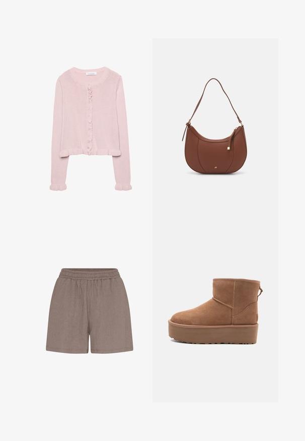 Light pink knitted cardigan with a round neckline, button front, and ruffled trim at the cuffs and hem. Soft texture, cropped fit.; Plain white t-shirt made of cotton with a round neckline, short sleeves, and a relaxed fit. Smooth texture with no patterns or accents.; Brown, textured shorts with an elastic waistband. Features a relaxed fit and simple construction, suitable for casual wear.; Tan suede ankle boot with a platform sole, rounded toe, and stitching accents; features a pull tab at the back for easy wear.; Brown faux leather shoulder bag with curved shape, minimal stitching, and a gold-tone hardware accent. Features a top zipper closure and adjustable strap.