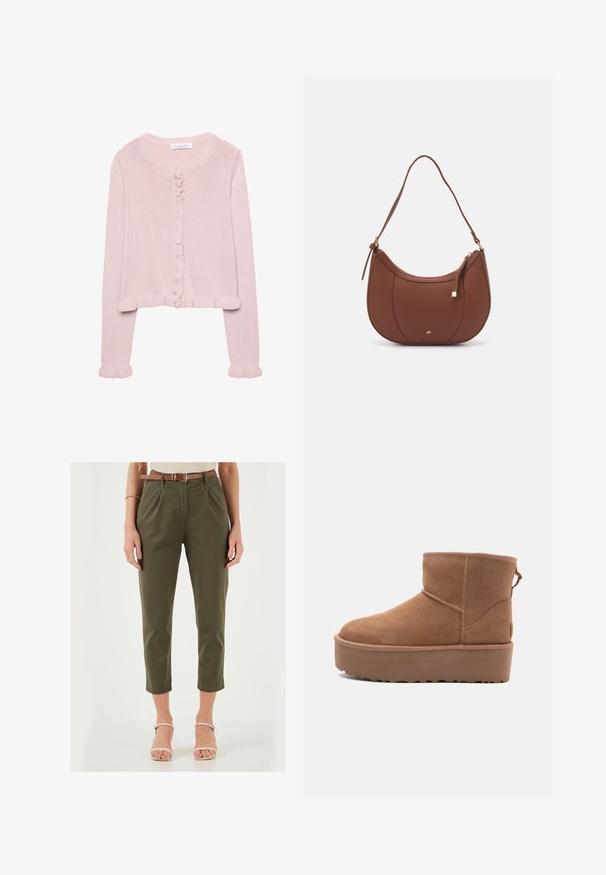 Vaaleanpunainen neulottu kardigan, jossa on pyöreä kaula-aukko, napit edessä ja röyhelöreunus hihoissa ja helmassa. Pehmeä rakenne, lyhyt malli.; Valkoinen t-paita, joka on valmistettu puuvillasta, pyöreällä pääntiellä, lyhyillä hihoilla ja rentona istuvuutena. Suora pinta ilman kuvioita tai koristeluita.; Olivevihreät räätälöidyt housut, joissa on laskokset, lyhyt mitta ja ruskea vyö. Materiaali näyttää sileältä; housuissa on sivutaskut ja istuva vyötärö.; Tan suede nilonini kidogo chukua na sahani ya jukwaa, mguu wenye umbo la duara, na mapambo ya kushona; inajumuisha kipande cha kubana nyuma kwa kuvaa kwa urahisi.; Ruskea keinonahkainen olkalaukku, jossa on kaareva muoto, minimaalinen ompelu ja kultasävyinen varuste. Varustettu ylhäältä avautuvalla vetoketjullisella suljennalla ja säädettävällä hihnalla.