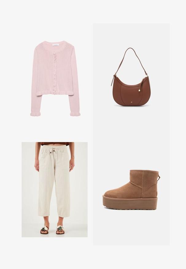Helle rosa gestrickte Strickjacke mit rundem Halsausschnitt, Knopfverschluss und Rüschensaum an den Ärmeln und dem Saum. Weiche Textur, cropped Passform.; Ein schlichtes, weißes T-Shirt aus Baumwolle mit rundem Halsausschnitt, kurzen Ärmeln und lockerer Passform. Glatte Textur ohne Muster oder Akzente.; Beige, leichte weit geschnittene Hosen mit elastischem Bund, Kordelzug und zwei vorderen Taschen. Texturiertes Material mit bequemer Passform.; Beige Wildleder-Ankle-Boot mit Plateausohle, abgerundetem Zehenbereich und abgesteppten Akzenten; verfügt über eine Zuglasche hinten für einfaches An- und Ausziehen.; Braune Kunstleder-Schultertasche mit geschwungener Form, minimaler Naht und goldfarbener Hardware-Akzent. Verfügt über einen oberen Reißverschluss und einen verstellbaren Trageriemen.