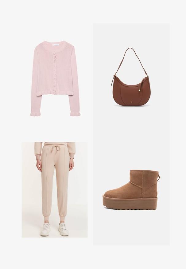 Helle rosa gestrickte Strickjacke mit rundem Halsausschnitt, Knopfverschluss und Rüschensaum an den Ärmeln und dem Saum. Weiche Textur, cropped Passform.; Ein schlichtes, weißes T-Shirt aus Baumwolle mit rundem Halsausschnitt, kurzen Ärmeln und lockerer Passform. Glatte Textur ohne Muster oder Akzente.; Beige Jogginghosen mit elastischen Bündchen und einem Kordelzugbund. Mit zwei vertikalen Nähten an der Vorderseite. Tragen mit weißen Sneakers.; Beige Wildleder-Ankle-Boot mit Plateausohle, abgerundetem Zehenbereich und abgesteppten Akzenten; verfügt über eine Zuglasche hinten für einfaches An- und Ausziehen.; Braune Kunstleder-Schultertasche mit geschwungener Form, minimaler Naht und goldfarbener Hardware-Akzent. Verfügt über einen oberen Reißverschluss und einen verstellbaren Trageriemen.