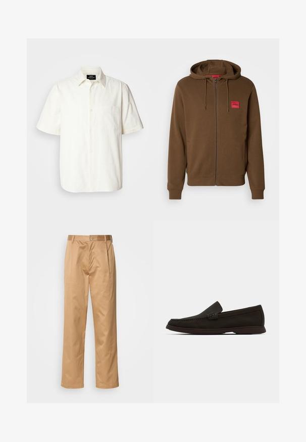 Bruine zip-up hoodie met buidelzakken, verstelbare trekkoordcapuchon en een rood rechthoekig label met de tekst "HUGO" op de borst.; Korte mouw, overhemd met knopen in off-white stof, met een zak op de linker borst en een klassieke kraagontwerp. Soepele textuur.; Khaki broek, katoenmix, recht model, voorplooien, riemlussen en knoopsluiting. Gladde textuur zonder patronen.; Donkerbruin suède instaploafers met een gestikte neus, een lage rubberen zool en textuuraccenten op de bovenzijde.