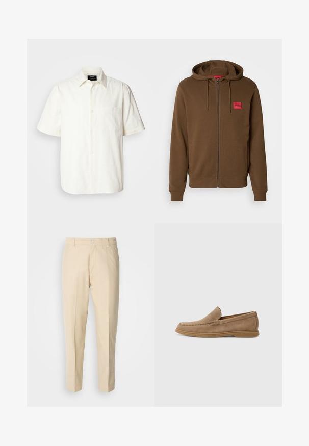 Brązowa bluza z kapturem zapinana na zamek, z kieszeniami kangurzymi, regulowanym kapturem na sznurki i czerwoną prostokątną naszywką z napisem "HUGO" na piersi.; Koszula z krótkim rękawem, zapinana na guziki, w odcieniu off-white, z kieszenią po lewej stronie klatki piersiowej i klasycznym kołnierzykiem. Gładka faktura.; Jasno beżowe spodnie chino o prostym kroju, gładka struktura materiału, z zapięciem na guziki z przodu i dwoma bocznymi kieszeniami.; Brązowe zamszowe mokasyny wsuwane o gładkiej fakturze i przeszyciach; mają gumową podeszwę zapewniającą przyczepność.