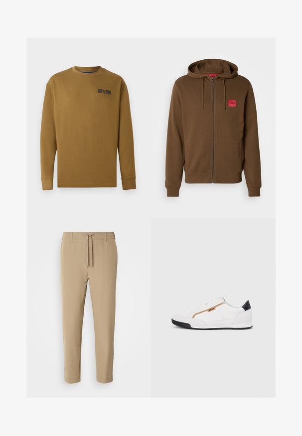 Rudas zip-up gobtuvė su kengūros kišenėmis, reguliuojamu raišteliu ant galvos ir raudonu stačiakampiu ženklu su užrašu "HUGO" ant krūtinės.; Ilga rankovė, apvalia iškirpte marškiniai iš rudos medvilnės. Ant kairės krūtinės yra juodas logotipas ir pūkuoti rankogaliai. Lygus paviršius, reguliari prigludimo forma.; Bežinės, siaurėjančios kelnės su elastinga juosta ir raišteliu. Lygus audinys su švariu dizainu ir be matomų raštų ar detalių.; Balti sportiniai bateliai su tinklinėmis ir odinėmis detalėmis. Yra auksinė "BOSS" logotipas, tekstūruoti šonai ir juodas kulno dangtelis. Guminis padas.