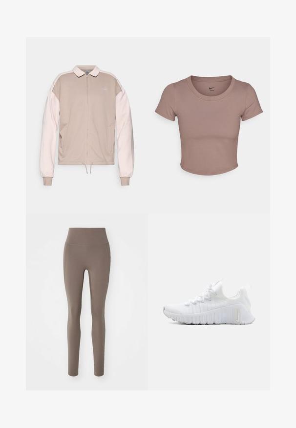 Nike zip-up jacket in beige with light pink sleeves, featuring a collar, elastic cuffs, and a drawstring hem. Embroidered logo on chest.; Brown cropped t-shirt made of smooth fabric, featuring a round neckline and short sleeves. Nike logo printed inside collar.; Brown high-waisted leggings made of stretchy material with a smooth texture, featuring a seamless design and ankle-length silhouette.; White athletic shoe with a textured upper, flat lace closure, and prominent rubber sole with vertical grooves. Features a logo on the side.