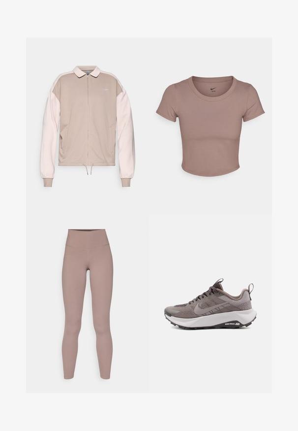 Chaqueta con cremallera de Nike en color beige con mangas rosa claro, que presenta un cuello, puños elásticos y un dobladillo ajustable. Logo bordado en el pecho.; Camiseta corta marrón hecha de una tela suave, con escote redondo y mangas cortas. Logo de Nike impreso en el interior del cuello.; Leggings de actividad de cintura alta en un color malva apagado, fabricados con una tela suave y elástica con un diseño sin costuras y sin herrajes visibles.; Zapatillas de trail running Nike grises con un upper texturizado, puntera reforzada, media suela acolchada y suela de goma negra. Incluye cordones y una lengüeta de agarre.