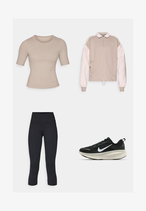 Beige Nike zip-up bunda se světle růžovými rukávy, s límcem, elastickými manžetami a stahovacími okraji. Vyšitý logo na hrudi.; Krémový top s krátkým rukávem ve fitted designu, vyrobený z hladkého materiálu s kulatým výstřihem. Obsahuje minimální detaily šití a visačku na lem.; Černé zkrácené legíny vyrobené z pružné látky, s vysokým pasem a hladkou texturou, bez viditelných vzorů nebo kovových prvků.; Černá běžecká obuv Nike s prodyšným síťovaným svrškem, bílým logem swoosh, texturovanými detaily a krémovou mezipodešví ZoomX.