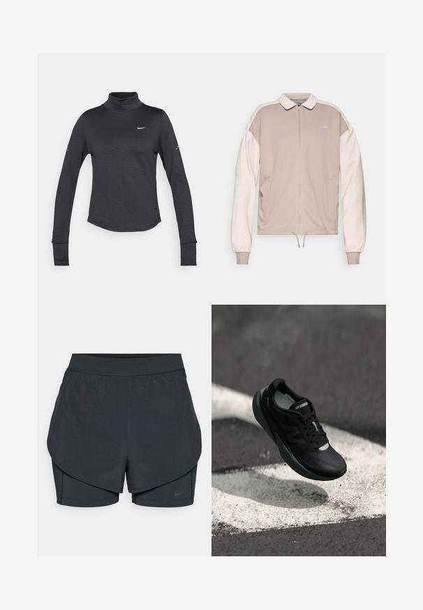 Nike zip-up jakke i beige med lyserøde ærmer, med krave, elastiske manschetter og en snøre i kanten. Broderet logo på brystet.; Sort langærmet turtleneck skjorte med et subtilt tekstureret mønster, der har et lille hvidt Nike-logo på brystet og tommelhuller i manchetterne.; Sorte atletiske shorts med et lagdelt design, der har et glat yderlag og tætsiddende indershorts. Lavet af letvægts, strækbart stof.; Sort løbesko med et tekstureret overdel, strømlinet design og reflekterende detaljer. Har en blød, polstret sål for komfort.