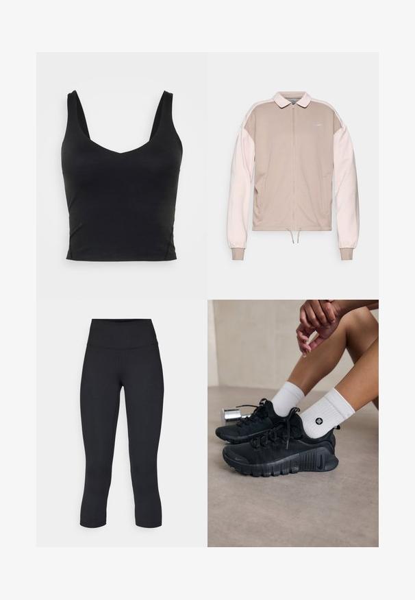 Nike bézs cipzáros dzseki világos rózsaszín ujjal, gallérral, elasztikus mandzsettákkal és húzózsinóros aljjal. Hímzett logó a mellen.; Fekete ujjatlan cropped top, mély V-nyakkivágással, sima, rugalmas anyagból készült. Tiszta szegéllyel rendelkezik, és nincsenek rajta látható minták vagy díszítések.; Fekete, rövidített leggings elasztikus anyagból, magas derékkal és sima textúrával, látható minták vagy fémalkatrészek nélkül.; Fekete sportcipők texturált anyagból, fűzős kialakítással és hangsúlyos talppal, fehér bordás zoknikkal párosítva, melyek kis logóval rendelkeznek.
