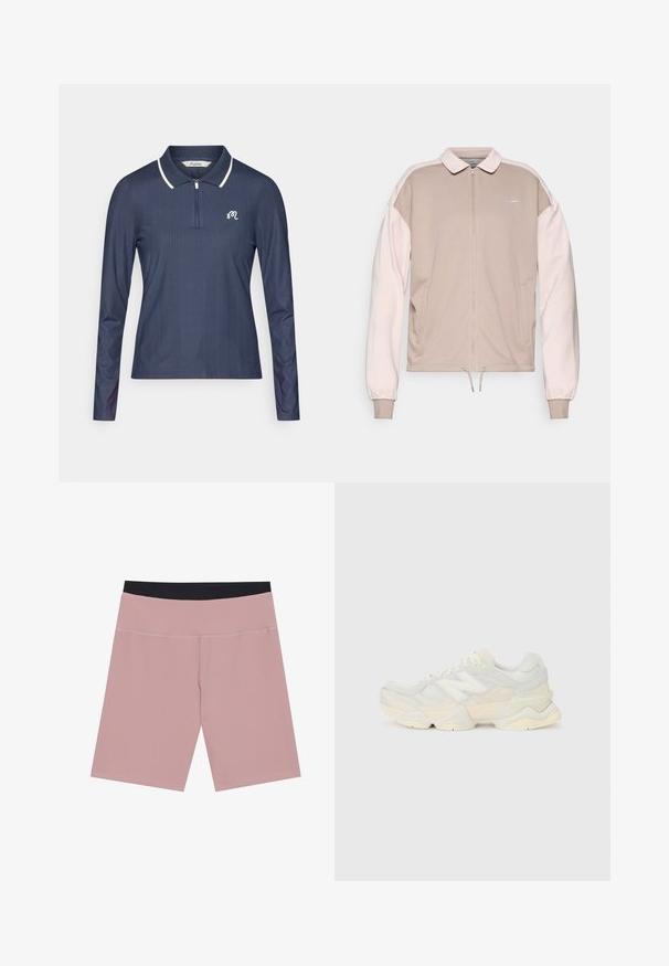 Nike zip-up jaka bēšā krāsā ar gaiši rozā piedurknēm, ar apkakli, elastīgām aprocēm un aukliņu apakšmalā. Iekšā izšūta preču zīme uz krūtīm.; Jūras spēku ilgu piedurkņu polo krekls ar ribota tekstūra, ar rāvējslēdzēja kakla izgriezumu un baltu apkakles detaļu. Iespēja ir neliela logo uz krūtīm.; Gaiši rozā velosipēda šorti ar melnu elastīgu jostasvietu, ar ribotu tekstūru un kontrastējošiem šuvju detaļām.; Vieglas sporta apavus ar sieta un zamšādas augšdaļu maigos krēma tonī, ar masīvu zoli un trīsdimensionāliem akcentiem.