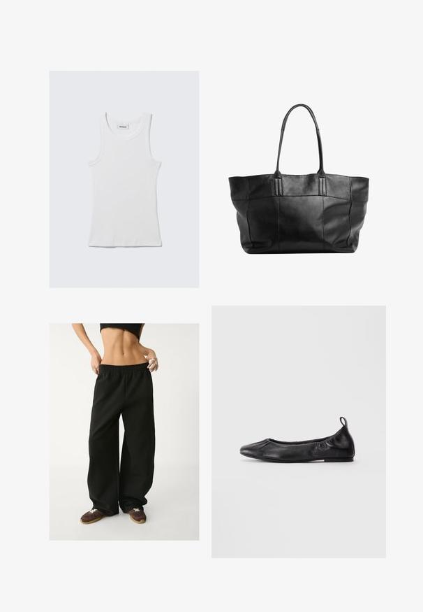 Sort zip-up hættetrøje lavet af blød bomuldsblanding, med hætte, ribbede manchetter og store sidelommer med en afslappet pasform.; Hvid bomulds tanktop med ribbet tekstur, ærmeløst design og rund halsudskæring. Har et mærke ved halsen med teksten "WEEKDAY."; Svarte, vide sweatpants med elastisk talje. Lavet af blødt stof og med en afslappet pasform. Parret med brune sneakers.; Sort læder balletflade med rund tå, samlede elastiske sider og en løftestrop ved hælen, vist på en lys baggrund.; Still Nordic STILLBASIC SHOPPER - Shopping bags - black