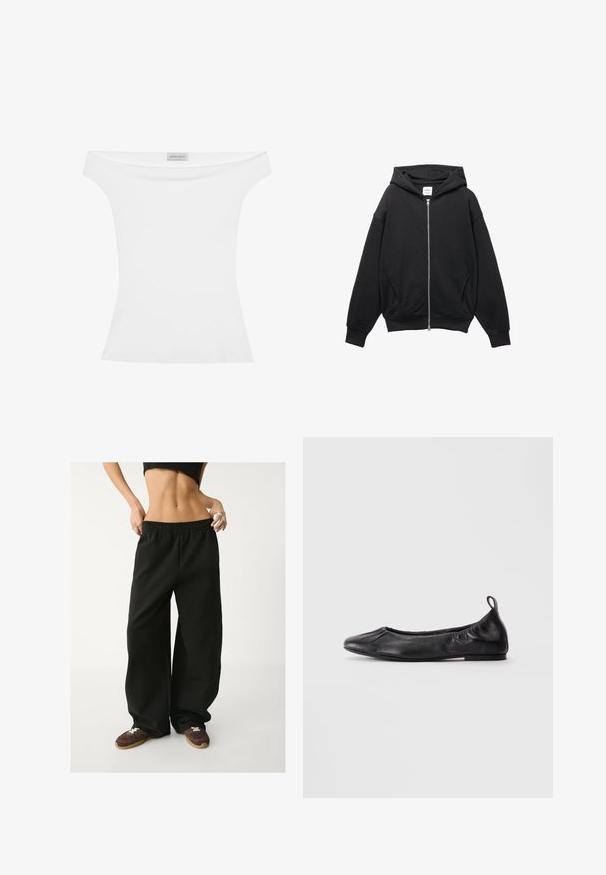 Black zip-up hoodie made of soft cotton blend, featuring a hood, ribbed cuffs, and large side pockets with a relaxed fit.; Off-the-shoulder white top made of smooth fabric, fitted silhouette, and a rounded neckline. Label at the center top reads "ANNA FIELD."; Black, wide-leg sweatpants with an elastic waistband. Made from soft fabric, featuring a relaxed fit. Paired with brown sneakers.; Black leather ballet flat with rounded toe, gathered elastic sides, and a pull tab at the heel, displayed on a light background.