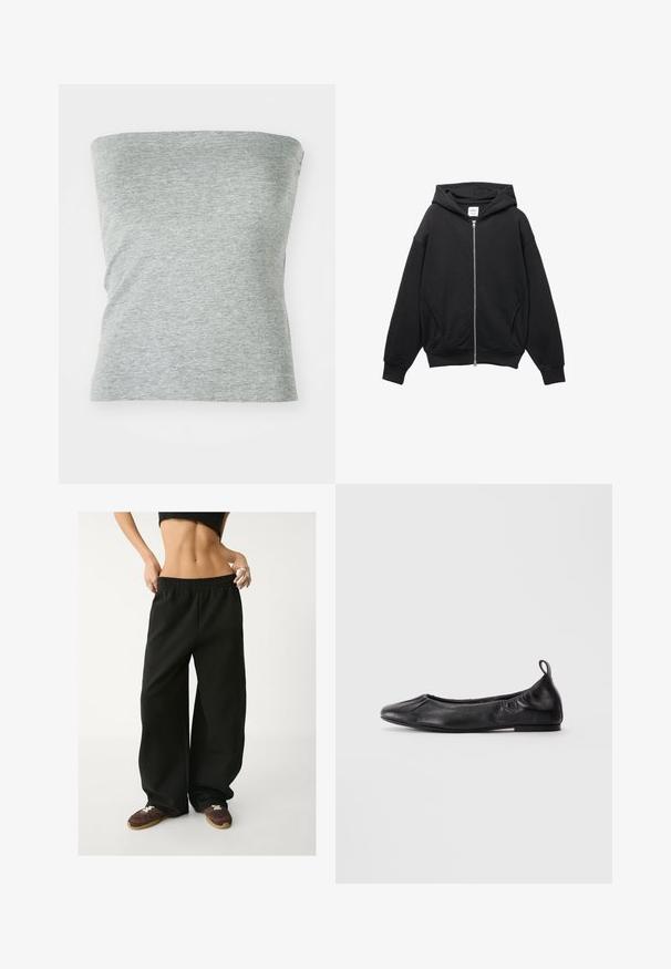 Sort zip-up hættetrøje lavet af blød bomuldsblanding, med hætte, ribbede manchetter og store sidelommer med en afslappet pasform.; Grå, stropløs top lavet af blød, strækbar stof. Har et enkelt design med en glat tekstur og ingen synlige sømme.; Svarte, vide sweatpants med elastisk talje. Lavet af blødt stof og med en afslappet pasform. Parret med brune sneakers.; Sort læder balletflade med rund tå, samlede elastiske sider og en løftestrop ved hælen, vist på en lys baggrund.