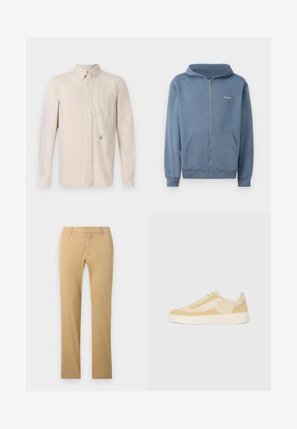 Modra zip-up kapuca, izdelana iz mehkega materiala, z sprednjim zadrgo, dvema žepoma in rebrastimi manšetami. Majhna oznaka na prsih.; Svetlo bež srajca z dolgimi rokavi s ovratnikom, gumbom spredaj, enim žepom na prsih in diskretno vezenim vzorcem na levi strani.; Bež bombažne chino hlače s ravnim krojem, ki imajo ravno sprednje stran, zanko za pas in skrito zadrgo.; Tenisice v svetlo rumeni usnjeni in semiš varianti, z udobnim podplatom in šivi. Klasična zasnova z vezalkami in okroglo konico.