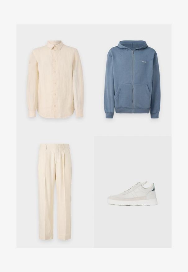 Kék, cipzáros kapucnis pulóver puha anyagból, elöl cipzárral, két zsebbel és bordázott mandzsettával. Kis logóval a mellkason.; Hosszú ujjú ing világos bézs lenből, gombos elöl, klasszikus gallérral és ívelt hem véggel. Sima textúra, tiszta befejezéssel.; NN.07 KAY - Nadrágok - off white; Fehér bőr sportcipők szürke bársonyos részletekkel, fűzős kivitelben, hátul húzófüllel és texturált gumi talppal, amelyen zikk-zakk minta található.