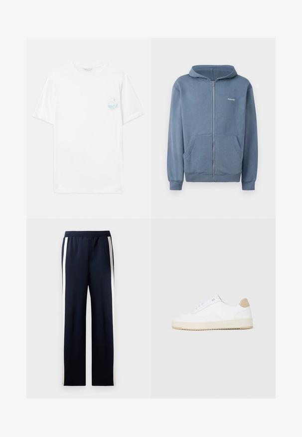 Kék, cipzáros kapucnis pulóver puha anyagból, elöl cipzárral, két zsebbel és bordázott mandzsettával. Kis logóval a mellkason.; Fehér pamut póló rövid ujjakkal, a bal mellen található egy kis, színes grafikával, amely hullámokat és a "Out of Plastic" feliratot ábrázol.; Tengerészek színű, széles lábbetétű melegítőnadrág, az oldalán függőleges krémszínű csíkkal. Puha, texturált anyagból készült, elasztikus derékrésszel.; Fehér, alacsony szárú sportcipők textúrált bőr felsőrésszel, krémszínű bordás talppal és barna sarokdíszítéssel. Fehér fűzőkkel és logóval ellátott sarokkialakítással rendelkezik.