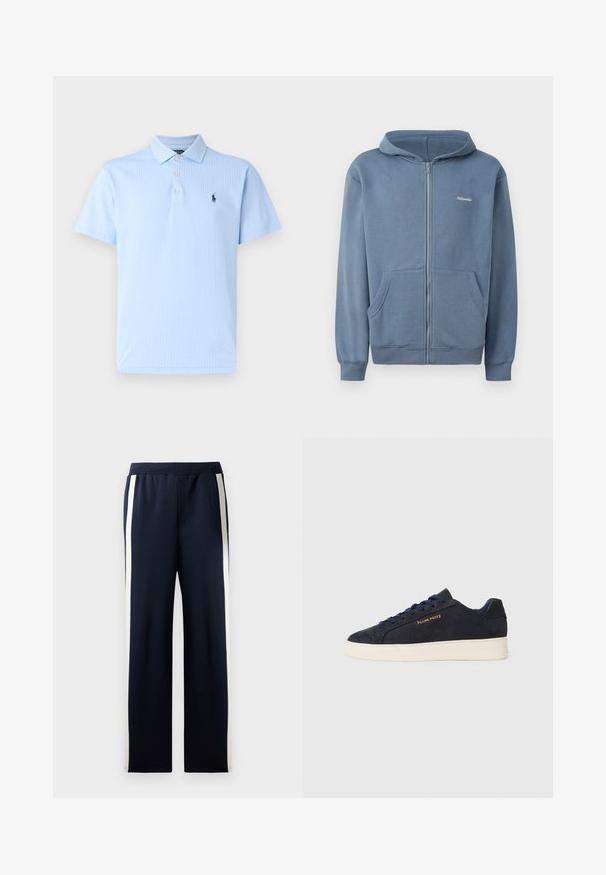 Modra zip-up kapuca, izdelana iz mehkega materiala, z sprednjim zadrgo, dvema žepoma in rebrastimi manšetami. Majhna oznaka na prsih.; Svetlo modra polo srajca iz teksturirane tkanine, s trakastim zapiranjem na gumbe in majhnim vezenim logotipom na levem prsnem delu. Kratki rokavi.; Mornarske trenirke širokega kroja, ki imajo navpične kreme proge ob straneh. Narejene iz mehkega, teksturiranega materiala z elastičnim pasom.; Mornarsko modre semiš nizke superge z belim podplatom, mornarskimi vezalkami in z zlatim logotipom "Filling Pieces" na strani.