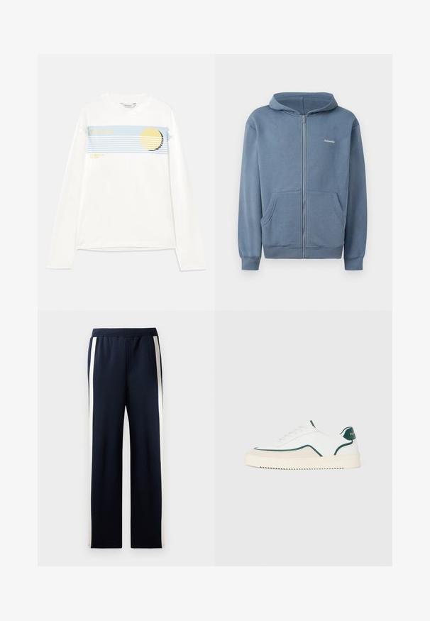 Modré zipsové mikina vyrobená z mäkkého materiálu, s predným zipsom, dvomi vreckami a rebrovanými manžetami. Malé logo na hrudi.; Biele tričko s dlhým rukávom v bielej farbe s modrým grafickým pruhom, žltým kruhovým vzorom a textom "Holzweiler" a "SUMMER 25 THE SUN". Mäkčená bavlna.; Námornícke teplákové nohavice s širokým strihom, s vertikálnymi krémovými pruhmi po stranách. Vyrobené z mäkkého, textúrovaného materiálu s elastickým pásom.; Biele nízke tenisky s zeleným lemovaním, béžovými zamatovými detailami a krémovou podošvou s drsným dnom.