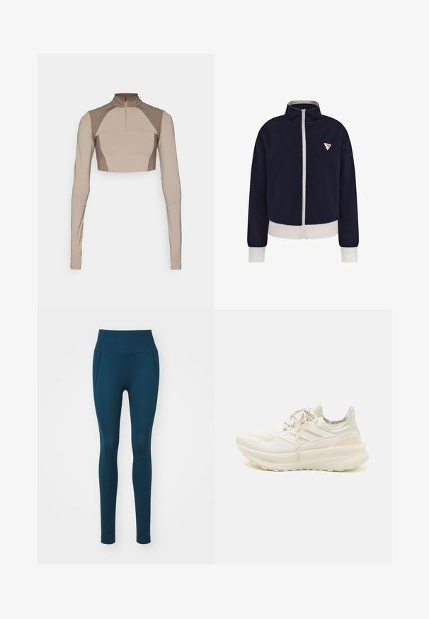 Námornícka zipsová bunda s vysokým golierom a bielymi akcentmi na leme a manžetách. Obsahuje malé trojuholníkové logo na ľavej strane hrudníka. Mäkčená tkanina.; Beige skrátený top s dlhými rukávmi, vysokým golierom, štvrtinovým zipsom a textúrovanými detailmi na pleciach. Vyrobený z elastického, hladkého materiálu.; Tyrkysové legíny s vysokým pásom, ktoré majú textúrovaný dizajn a hladký materiál. Nohavice majú oblúkové švy pre priliehavý vzhľad.; Biele atletické tenisky s textúrovaným zvrškom, dizajnom s tromi pruhmi, jemným polstrovaním a rozdelenou farbou na päte. Ľahká technológia podrážky.
