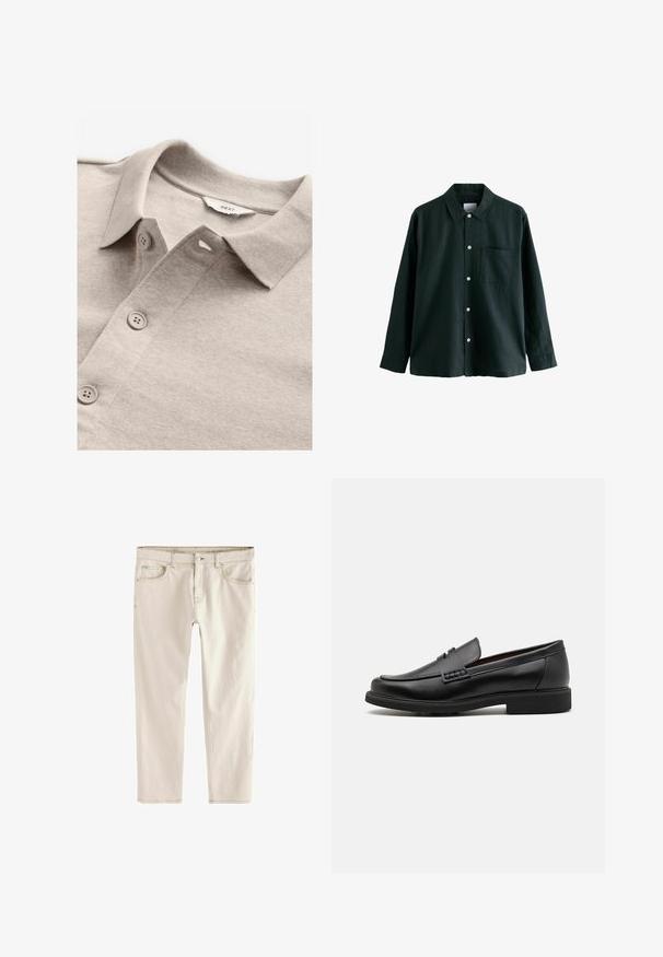 Polo beige con un tessuto testurizzato, dotato di colletto, pattina con bottoni e bottoni grigio chiaro. L'etichetta riporta "NEXT."; Camicia button-up verde scuro con colletto, maniche lunghe e una tasca sul petto; presenta bottoni bianchi e una consistenza morbida.; Jeans slim-fit beige chiaro con gamba dritta, cinque tasche, chiusura con bottone e zip, e cuciture rinforzate lungo le cuciture.; Mocassini sintetici neri con una spessa cucitura frontale, soletta imbottita e suola piatta in gomma; design elegante con dettagli minimi.