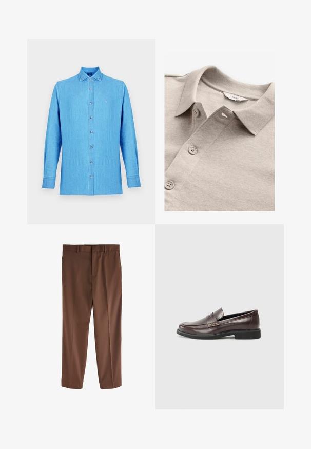 Bežinė polo marškinėliai su tekstūruotu audiniu, turintys apykaklę, mygtukų juostą ir šviesiai pilkus mygtukus. Etiketėje rašoma "NEXT."; Šviesiai mėlynas marškinėliai su ilgomis rankovėmis, pagaminti iš struktūrinės medžiagos. Turi apykaklę ir mažą siuvinėtą logotipą krūtinėje.; Rudos pritaikyti kelnių su lygiu audiniu, tiesiomis kojomis, diržo kilpomis ir viena priekinė raukšlė. Nėra matomų kišenių ar akcentų.; Rudi odiniai loaferiai su lygiu paviršiumi, turintys subtilų siūlių akcentą viršuje ir juodą gumos padą.