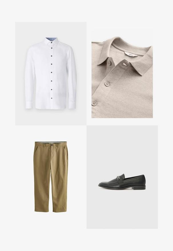 Beige polo shirt met een gestructureerde stof, met een kraag, een knoopsluiting en lichtgrijze knopen. Label leest "NEXT."; Witte long-sleeve shirt met een klassieke kraag, zwarte knopen aan de voorkant en contrasterende lichtblauwe kraagdetails aan de binnenkant. Glad stoftextuur.; Khaki chino's van een katoenmix, uitgerust met twee zijzakken, een knoopsluiting, rechte pijpen en een gladde textuur.; Zwarte leren instapper met een gladde afwerking, voorzien van een gestikt ontwerp en een decoratieve metalen kettingaccent over de wreef. Platte hak.
