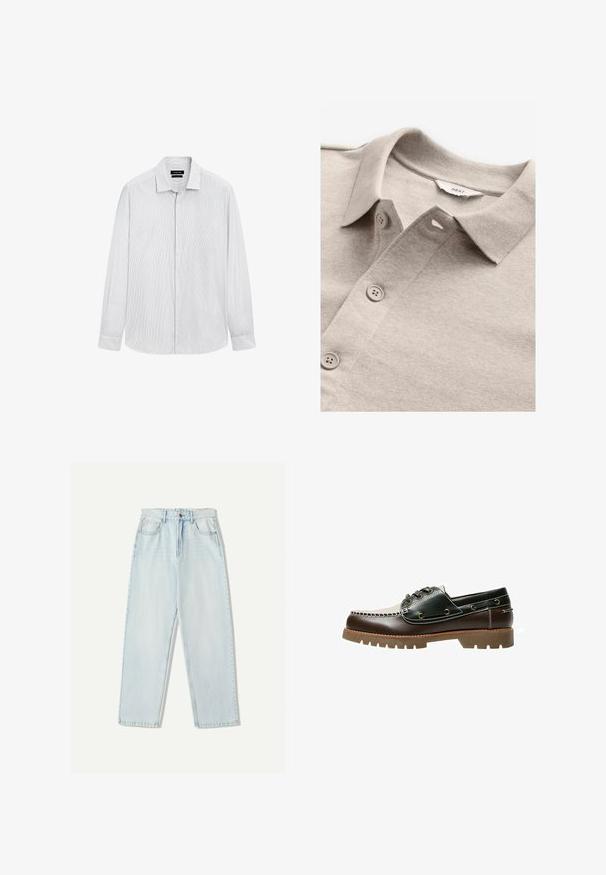 Beige polo shirt met een gestructureerde stof, met een kraag, een knoopsluiting en lichtgrijze knopen. Label leest "NEXT."; Witte lange mouwen heren dress shirt met dunne verticale grijze strepen, knoopsluiting aan de voorkant en een gespreide kraag.; Lichtblauwe denim jeans met een relaxte pasvorm, recht model, vijf zakken en subtiele vervaging in de stof.; Bruine en groene leren bootschoen met een witte gestikte design, ronde veters en een gestructureerde rubberen zool. Duurzame constructie met metalen veteroogjes.