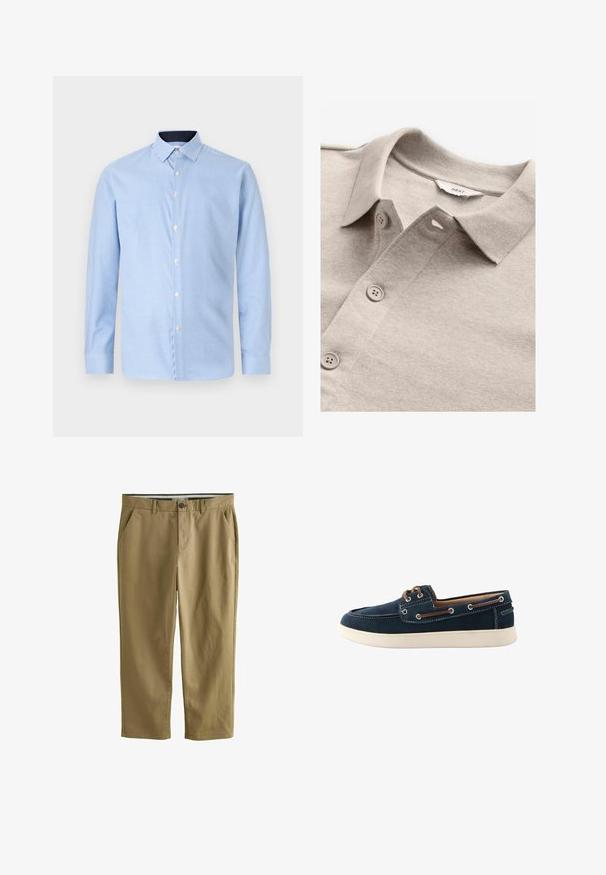 Béžová polokošeľa s textúrovanou tkaninou, s golierom, zapínaním na gombíky a svetlosivými gombíkmi. Na etikete je nápis "NEXT."; Dlhé rukávy košele na gombíky v svetlo modrej farbe s malým károvaným vzorom, biele gombíky a kontrastný tmavomodrý golier. Mäkka textúra.; Khaki chinos vyrobené z bavlneného zmesi, s dvoma bočnými vreckami, zapínaním na gombík, rovnými nohavicami a hladkou textúrou.; Námornícky modré lodné topánky vyrobené z tkaniny s bielym prešívaním a gumovou podrážkou. Obsahujú hnedé šnúrky a očká. Dizajn zaoblených špičiek.
