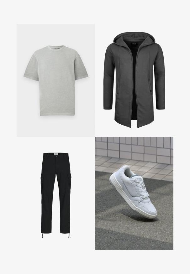 Grå hættecardigan med lange ærmer, to frontlommer og lige kant. Lavet af blødt, strækbart stof med minimale syninger.; Lys grå t-shirt med korte ærmer og rund hals, præsenteret på en ensfarvet hvid baggrund.; Sorte cargo bukser med lige snit, der har sidelommer, knaplukning og elastiske snore ved anklerne. Fremstillet af slidstærkt stof.; Hvide lædersneakers med perforerede sider, teksturerede detaljer, flade snørebånd og en kontrasterende grå hæl. Har en let forhøjet sål.