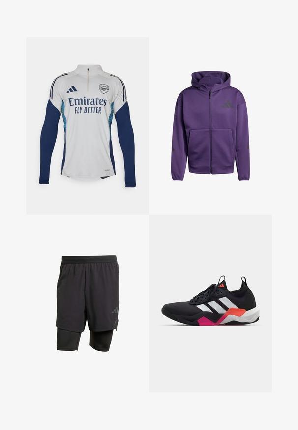 Purple zip-up hoodie made of smooth fabric, featuring a front pocket, black logo accents, and a hood for added coverage.; White long-sleeve jersey with navy blue accents, half-zip neckline, featuring "Emirates Fly Better" logo and Arsenal club crest.; Black athletic shorts with integrated inner layer, made from breathable fabric. Features subtle logo and structured texture. Adjustable waistband.; Black athletic shoe with white stripes, textured upper, and a chunky sole featuring orange, pink, and white accents. Laced design with pull tab.