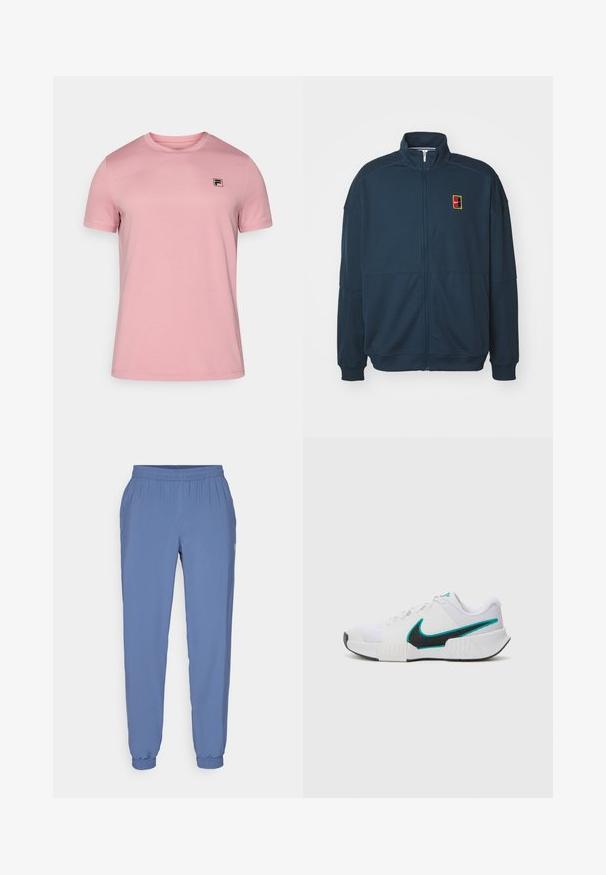 Sötétkék, zipzáros dzseki puha anyagból. Magas nyakú, bordás mandzsettákkal rendelkezik, és egy hímzett logó látható egy téglalap alakú folton.; Halvány rózsaszín, rövid ujjú póló, amely texturált anyagból készült, kis fekete logóval a bal mellrészen. Kerek dekoltázs.; Kék, könnyű jogger nadrág, elasztikus derékkal és mandzsettákkal. Simább textúrával rendelkezik, és egy kis logó található az oldalon.; Fehér sportcipő, texturált hálós felsőrésszel, fekete gumi talppal és türkiz Nike pipa akcentussal. Fűzős, párnázott bokarésszel rendelkezik.