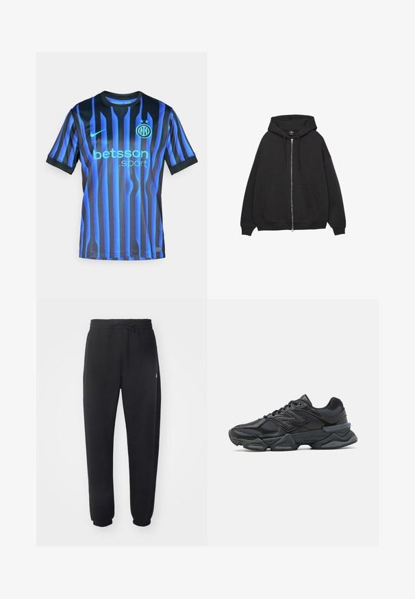 Černá mikina s kapucí vyrobená z měkké tkaniny, s plným zipem vpředu, stahovací kapucí a dvěma předními kapsami. Volný střih se žebrovanými manžetami.; Modrý a černý pruhovaný fotbalový dres s krátkým rukávem. Obsahuje kulatý výstřih, logo Nike a text "betsson.sport" v světle modré barvě.; Černé tepláky z měkkého materiálu s elastickým pasem, šňůrkou na stažení a zužujícími se manžetami, s jemným logem na boku.; Černá běžecká bota s kombinací síťoviny a syntetických materiálů, masivní podešev, zakřivený design a výrazné logo na boku.