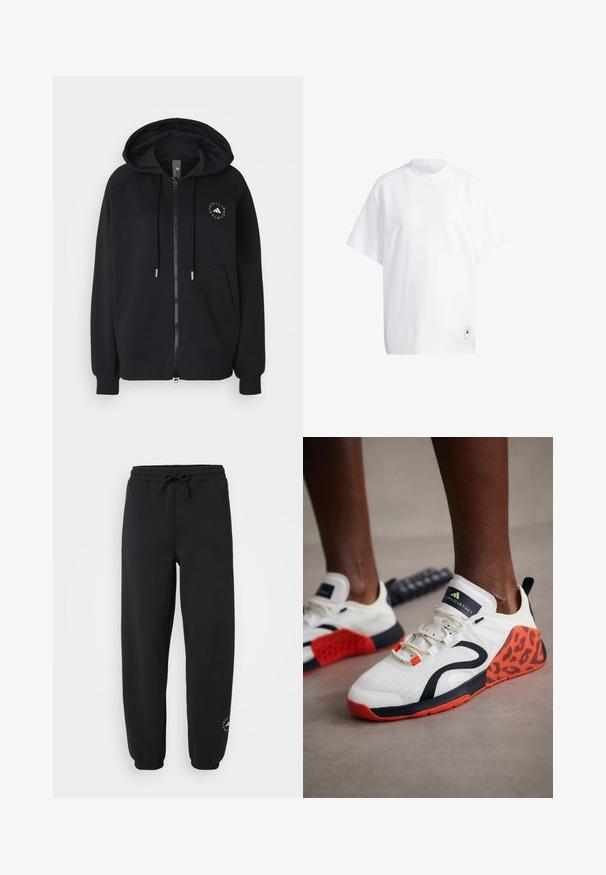 Sort zip-up hoodie med snoretræk i hætten, kengurulommer og et cirkulært logo på venstre bryst. Blødt stof og ribbede manchetter.; Hvid bomulds t-shirt med korte ærmer, rund hals og afslappet pasform. Bemærkelsesværdig detalje: lille sort grafisk logo på kanten.; Sorte sweatpants lavet af blød tekstil, med elastisk talje med snøre, ribbede ankler og et lille logo på læggen.; Hvide atletiske sko med et sort og orange leopardmønstret accent. Har en struktureret tekstiloverdel, gummisål og snøresystem.