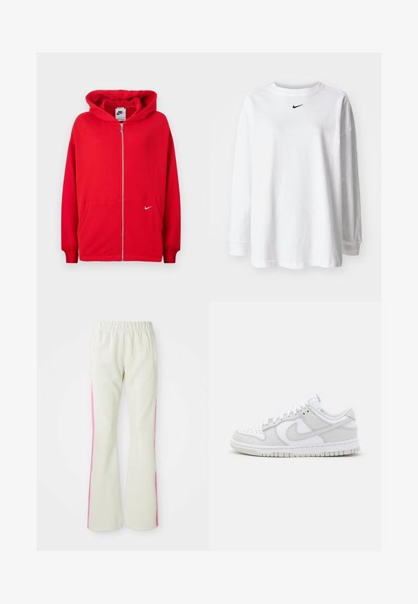 Červená mikina na zips vyrobená z mäkkej tkaniny. Obsahuje klokanie vrecko, rebrované manžety a biely Nike logo na ľavej hrudi.; Biela tričko s dlhým rukávom vyrobené z bavlny, s okrúhlym výstrihom a malým čiernym logom Nike na hrudi. Jednoduchý dizajn, voľný strih.; Svetlo béžové nohavice s elastickým pásom, s ružovými bočnými panelmi a bočnými vreckami. Hladká textúra s rovnými nohavicami.; Biele kožené tenisky s šedými akcentmi, perforovaná špička, ploché šnúrky, polstrovaný golier a textúrovaná gumová podrážka.